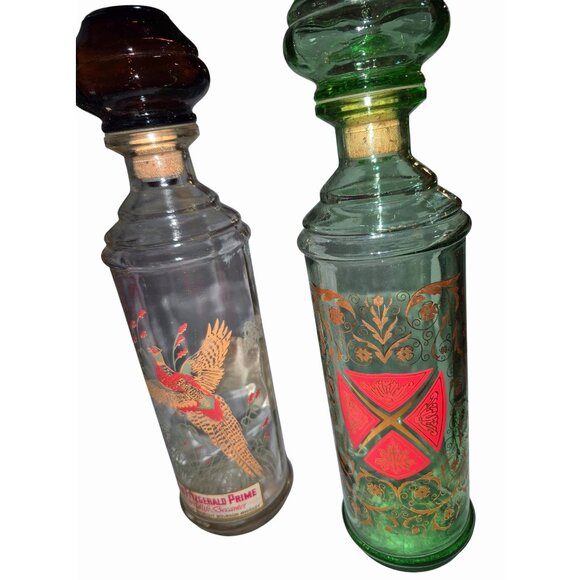 Vintage Glass Decanter Pair With Stoppers - Old Fitzgerald Prime & Green/Gold Fl - Picture 2 of 11